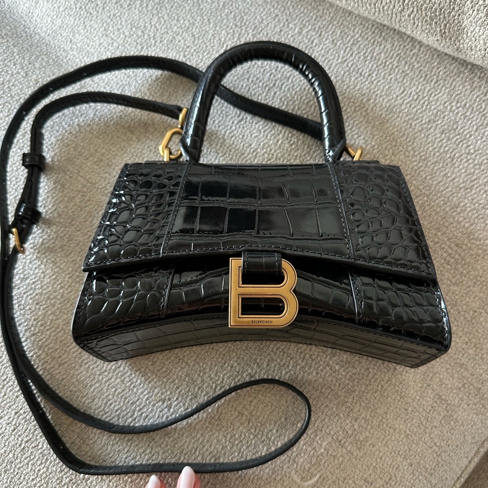 Balenciaga Extra Small Hourglass Croc-Embossed Top-Handle Bag